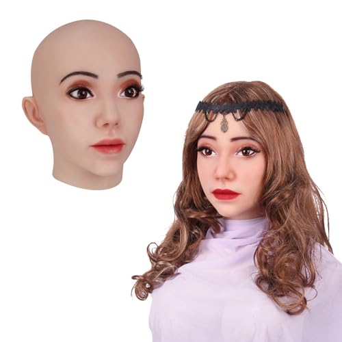 CRODRES Weiche Silikon realistische weibliche Kopfmaske handgemachte Gesicht Crossdressing Kopfmaske für Cosplay Kostüme Verkleidung,Color 1,Makeup von CRODRES