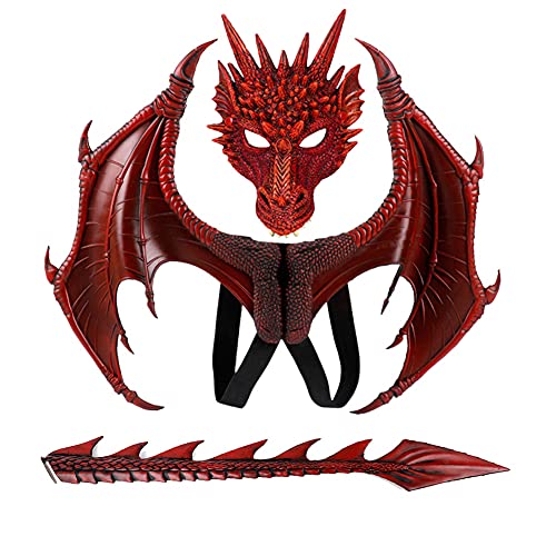 CRTEPST Drachen-Kostüm für Kinder Jungen Mädchen, Drachenflügel-Schwanz-Masken-Set, Halloween-Dinosaurier-Cosplay-Set für Kinder (Rot) von CRTEPST