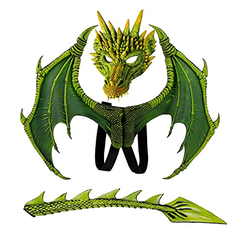Drachen-Kostüm für Kinder Jungen Mädchen, CRTEPST Drachenflügel-Schwanz-Masken-Set, Halloween-Dinosaurier-Cosplay-Set für Kinder (Grün) von CRTEPST