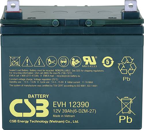 CSB Battery EVH 12390 EVH12390 Bleiakku 12V 39Ah Blei-Vlies (AGM) (B x H x T) 196 x 178 x 155mm M6-S von CSB Battery