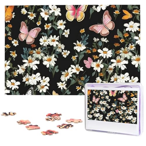 Puzzle mit 1000 Teilen für Erwachsene und Familien, herausforderndes Puzzle für Spieleabende, verschiedene Schmetterlinge und Gänseblümchen, individuelle Holzpuzzleteile, 74,9 x 50 cm von CSGJMYGS