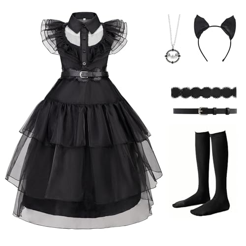 CSYQIYUE Schwarzes Kostüm-Set für Mädchen, Halloween-Kostüme, Cosplay, Party, Verkleiden mit Zubehör (schwarz, 160 (13–14 Jahre)) von CSYQIYUE