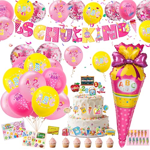 Einschulung Deko, 49 Pcs Schulanfang Deko Mädchen SCHULKIND Folienballon 22 Luftballon mit ABC Zuckertüten Girlande 3 Aufkleber Einschulung 18 Kuchengabel Rosa Einschulung Deko, 49 Pcs Schulanfang Deko Mädchen SCHULKIND Folienballon 22 Luftballon mit ABC Zuckertüten Girlande 3 Aufkleber Einschulung 18 Kuchengabel Rosa von CSYY