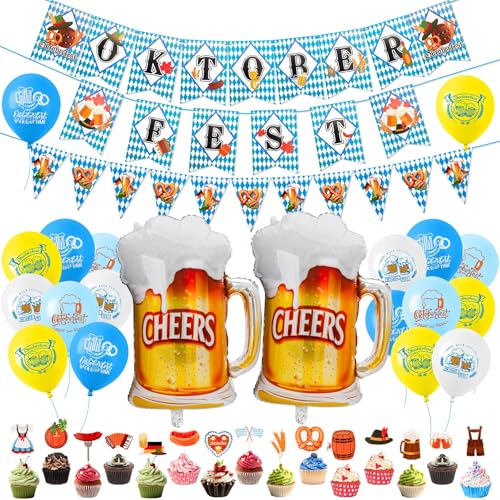 Luftballons Oktoberfest Deko Set, XXL Bunt Bier Folienballons 16 Latexballon Girlande Blau Weiß karierte Flagge 15 Tortenaufsätze für die Feiertage Geburtstag von CSYY