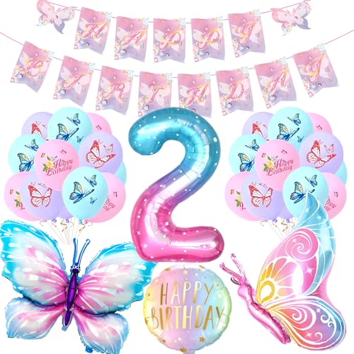 Schmetterling Deko für 2. Geburtstag, XXL Bunt Schmetterling Folienballons 18 Latexballon mit Happy Birthday Girlande für 2. Geburtstagsfeier Mädchen Deko Schmetterling Deko für 2. Geburtstag, XXL Bunt Schmetterling Folienballons 18 Latexballon mit Happy Birthday Girlande für 2. Geburtstagsfeier Mädchen Deko von CSYY