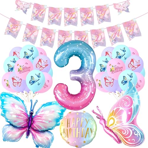 Schmetterling Deko für 3. Geburtstag, XXL Bunt Schmetterling Folienballons 18 Latexballon mit Happy Birthday Girlande für 3. Geburtstagsfeier Mädchen Deko von CSYY