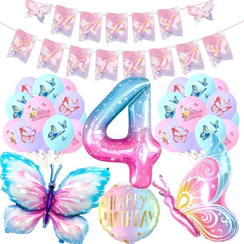 Schmetterling Deko für 4. Geburtstag, XXL Bunt Schmetterling Folienballons 18 Latexballon mit Happy Birthday Girlande für 4. Geburtstagsfeier Mädchen Deko Schmetterling Deko für 4. Geburtstag, XXL Bunt Schmetterling Folienballons 18 Latexballon mit Happy Birthday Girlande für 4. Geburtstagsfeier Mädchen Deko von CSYY