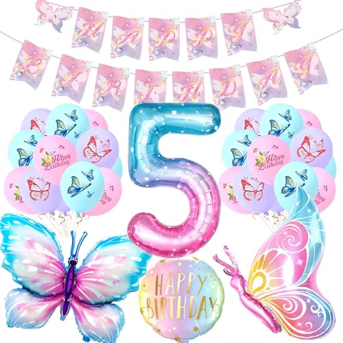 Schmetterling Deko für 5. Geburtstag, XXL Bunt Schmetterling Folienballons 18 Latexballon mit Happy Birthday Girlande für 5. Geburtstagsfeier Mädchen Deko Schmetterling Deko für 5. Geburtstag, XXL Bunt Schmetterling Folienballons 18 Latexballon mit Happy Birthday Girlande für 5. Geburtstagsfeier Mädchen Deko von CSYY