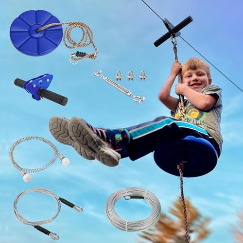 CTSC Familie Gartenspielzeug seilbahnen Set, Seilbahn Kinder Outdoor 39m, Mit Edelstahl-Federbremse, Trolley Seilscheibe, Stahlseile und Sitz, farbenfrohen Spaß Genuss (39m blau) von CTSC