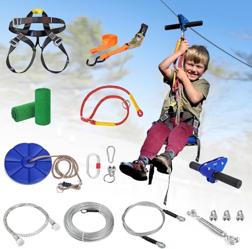 CTSC Zip-Line-Kits für Garten, 25 m Reißverschluss-Kabel-Set für Kinder und Erwachsene, mit Edelstahl-Federbremse, Spannset, Sicherheitsgeschirr, Baumschutz (25 m blau) von CTSC