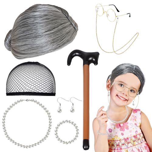 CTYUEYUN 8-teiliges Kostüm für alte Dame, inkl. Perücke für alte Dame, Brille, Perlenohrring, Armband, Halskette, aufblasbarer Gehstock, Kostüm für alte Dame, Zubehör für Halloween, Cosplay CTYUEYUN 8-teiliges Kostüm für alte Dame, inkl. Perücke für alte Dame, Brille, Perlenohrring, Armband, Halskette, aufblasbarer Gehstock, Kostüm für alte Dame, Zubehör für Halloween, Cosplay von CTYUEYUN