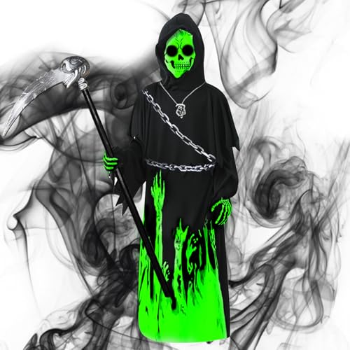 Sensenmann Kostüm, 6 Pcs Kostüm Kinder Sensenmann mit Fluoreszierende Geisterkleidung,Sichel, Handschuhen, Todeskostümparty Rollenspielzubehör für Halloween Kostüme Kinder,Karneval,Cosplay Party von CTYUEYUN