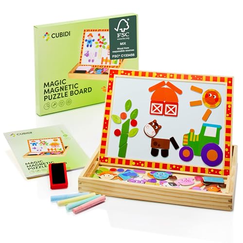 CUBIDI® Montessori Magic Board - Kreatives Magnetisches Holzpuzzle und Kinder Tafel in Einem.Interaktive Magnettafel mit 2 verschiedenen Seiten.Ab 3 Jahre für Jungen Mädchen Kleinkind von CUBIDI