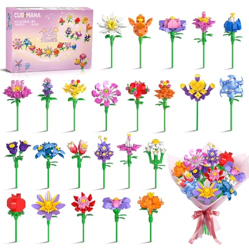 24 Blumenstrauß Bauspielzeug Bauset Party Mitgebsel für Kinder – 3,6 mm Mini Blumen Bausteine, 792 Stück Botanik Klemmbausteine, Klassenzimmer Preise, Home Deko, Geschenk für Mädchen Jungen 6+ von CUBIMANA