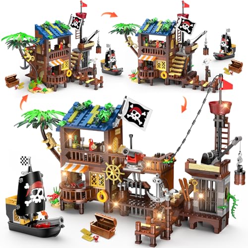 CUBIMANA Piraten Wharf Bauspielzeug mit Licht Piratenschiff - 3 Modi Piratenhafen Baustein 781 Stück Mittelalterliches Piratenhaus Klemmbausteine Bausteinset, Geschenk Set für Kinder Jungen 6+ von CUBIMANA