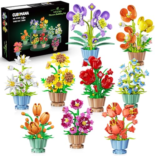 9 Blumen Klemmbausteine 3,6MM Mini Bausatz – 1462 Stück Botanische mit Rosen Orchidee Bausteinspielzeug, Deko Kunstblumen für Zuhause Büro, Geschenk für Frauen Erwachsene Weihnachten Geburtstag von CUBIMANA