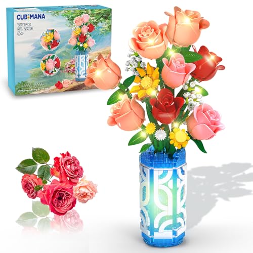 CUBIMANA Blumenstrauß-Bausatz mit Vase und LED-Licht, 747pcs Mini-Rosen-Blumen-Bausteinspielzeug, Geschenke zum Valentinstag für Sie und Ihn, DIY-Kunstblumen-Dekoration für Zuhause und das Büro CUBIMANA Blumenstrauß-Bausatz mit Vase und LED-Licht, 747pcs Mini-Rosen-Blumen-Bausteinspielzeug, Geschenke zum Valentinstag für Sie und Ihn, DIY-Kunstblumen-Dekoration für Zuhause und das Büro von CUBIMANA
