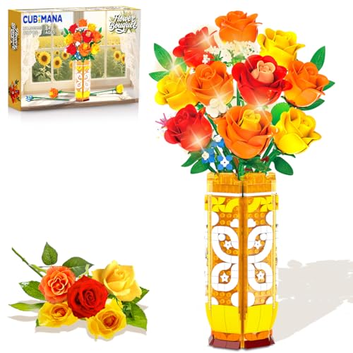 CUBIMANA Blumenstrauß-Bausatz mit Vase und LED-Licht, Gelbe, Orange und Rote Rosen, 3,6 mm, Mini-Botanik-Bauspielzeug, Geschenke für Freunde, künstliche Blumen für Büro, Heimdekoration und Ausstellung von CUBIMANA
