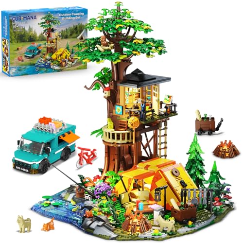 CUBIMANA Camping Baum Haus Bauspielzeug mit Licht, 1715 Stück Campingplatz 3,6MM Mini Konstruktions Baukasten Modell mit Zelt Camper, Klemmbausteine Spielzeug für Erwachsene Jugendliche Jungen Mädchen von CUBIMANA
