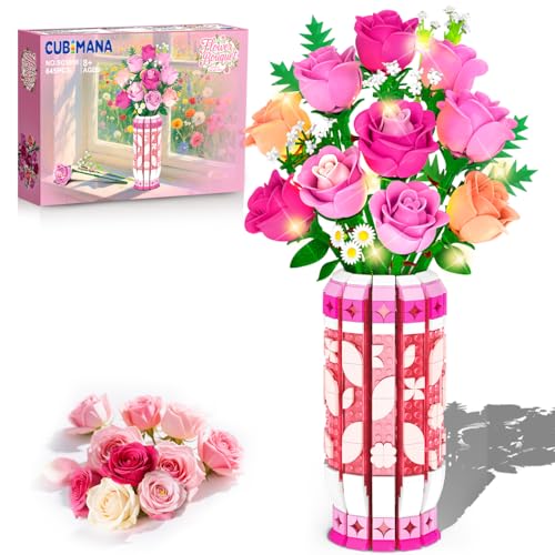 CUBIMANA Romantischer Rosa Rosenstrauß-Bausatz mit Vase und LED-Licht, 845 PCS Blumen-Baustein-Spielzeug, Geschenke für Sie und Ihn, künstliche Kunstblumen für Büro, Heimdekoration und Ausstellung von CUBIMANA