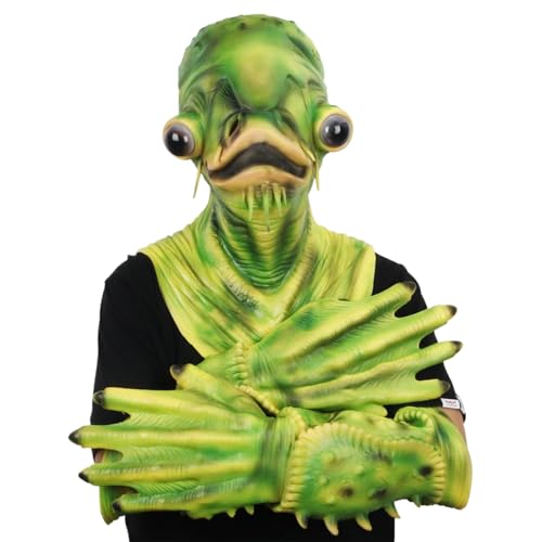 CUCUFA Halloween Masken Halloween Catfish Green Full Head Fischmaske mit 1 Paar Handschuhen Latexfischkostüm für Erwachsene, Latexmaske von CUCUFA