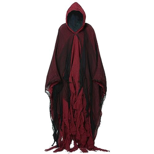 Hakener Umhang, gruselige Halloween schäbigen Lappenumhang mit Tüll, Vintage mittelalterlicher Umhang mit Motorhaube für Cosplay, rot Hakener Umhang, gruselige Halloween schäbigen Lappenumhang mit Tüll, Vintage mittelalterlicher Umhang mit Motorhaube für Cosplay, rot von CUCUFA