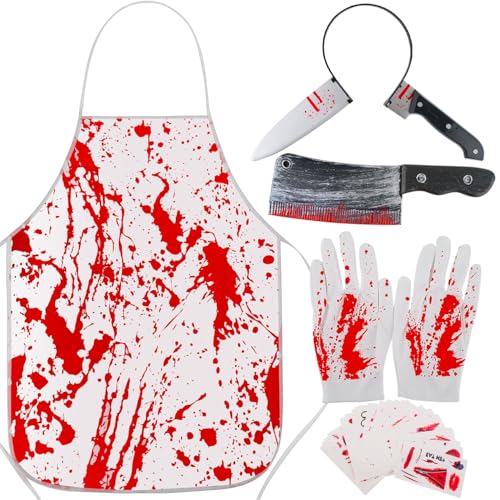 CUEMOON Halloween Kostüm Metzger, Blutbefleckte Schürze + blutbeflecktes Küchenmesser + blutbeflecktes Spitzmesser Haarband + blutbefleckte Handschuhe + Aufkleber (1 Packung mit 30 Stück) von CUEMOON