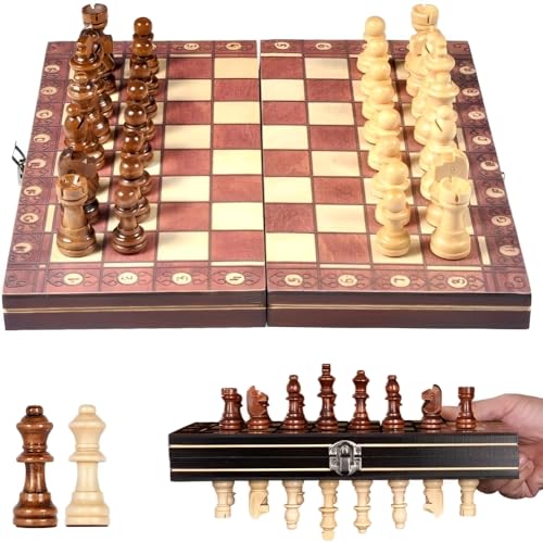 CUEMOON Schachbrett aus Holz, 3 in 1 faltbares Schachbrett, magnetisches Schachset, als Geschenk für Kinder und Erwachsene 29 x 29 cm von CUEMOON