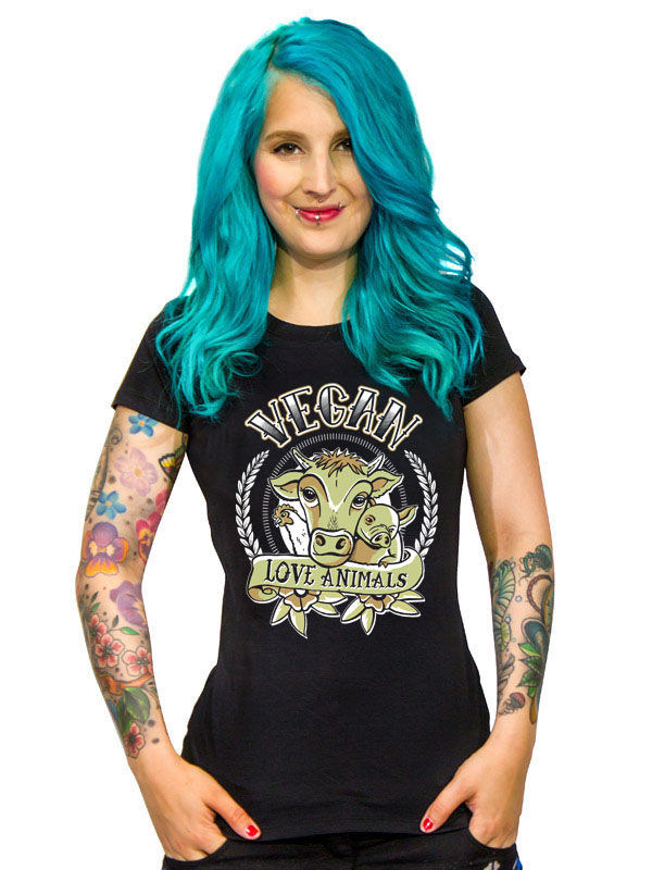 Veganer-Damenshirt Girlie-Shirt Love Animals schwarz-grün von CULTSTYLES GmbH - KF