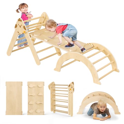 7-in-1 Montessori Kletterdreieck mit Kletterbogen und Rutsche, Holzdreieck für Kleinkinder ab 1-3,Indoor Kletterspielzeug,Massiver Kletterrahmen aus Holz,kein Grund zur Sorge,dass er kaputt geht (A) von CUPCHID