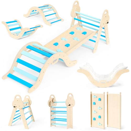 CUPCHID 7-in-1 Montessori Klettergerüst Set,Indoor Kletterdreieck,faltbares Kletterspielzeug für den Innenbereich, Montessori-Kletterset aus Holz mit Bogen, Rampe und Leiter für Kinder (Holzfarbe) von CUPCHID