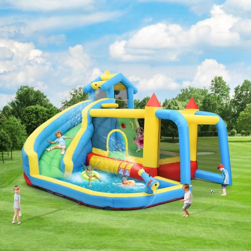 Große Hüpfburg mit Gebläse, Trocken/Wasserrutsche für Kinder von 3-10 Jahren, Outdoor or Indoor Castle Bouncer mit Rutsche Sprungbereich Wasserpool Fußballnetz, Aufblasbare Größe: 364 * 315 * 239cm von CUPCHID