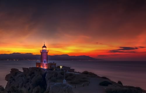 1000-teiliges Premium-Puzzle – Jedes Teil ist einzigartig – Anspruchsvolles Familienspiel für Erwachsene, Meer, Landschaft, Felsen, Leuchtturm, Griechenland, 70 x 50 cm von CUREW