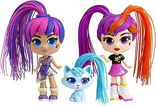 82080 CURLIGIRLS - Puppen - Curligirls Zwillingsset mit Haustier - magische Haare für unendlich viele Frisuren - 2 Puppen und 1 Tier - inklusive Accessoires - Puppe 15 cm - Tier 6 cm von Exost