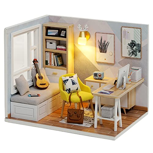 CUTE-Eyfud DIY Miniatur Holzpuppenhaus-Bausatz mit Möbeln und Staubschutzhülle für Geburtstage und besondere Anlässe (Sunshine Study Room) von CUTE-Eyfud