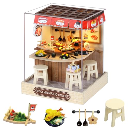 CUTE-Eyfud DIY Miniatur-Holzpuppenhaus mit Dekorationen, LED-Licht und Staubschutzhülle - Kreative Raumgestaltung für Erwachsene und Jugendliche (REVOLVING Food House) von CUTE-Eyfud