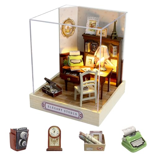 CUTE-Eyfud Handgefertigtes DIY Puppenhaus Miniatur Kit - Puppenhaus aus Holz mit Möbeln, Staubschutz, LED-Licht und detaillierter Anleitung für Erwachsene und Jugendliche (ELEGANT STUDIO) von CUTE-Eyfud