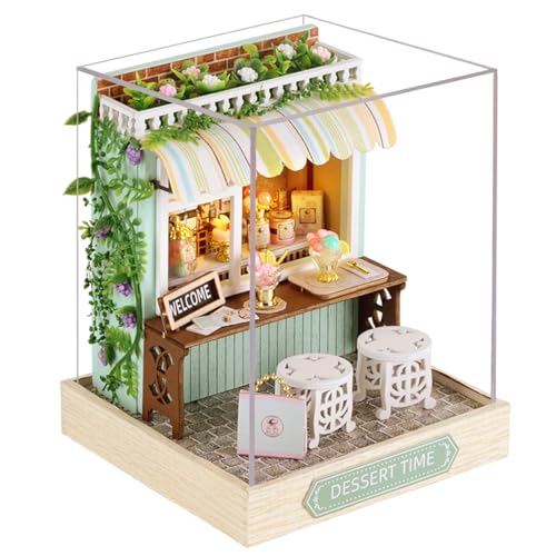 Cute-Eyfud DIY Miniatur-Puppenhaus-Bastelset, Holzpuppenhaus-Set mit Möbeln, LED-Lichtern und Staubschutzhülle (Dessert TIME) von CUTE-Eyfud