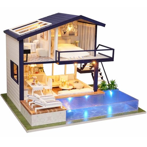 Cute-Eyfud Handgefertigtes Miniatur-Puppenhaus-Kit, DIY Puppenhaus Bastelset mit realistischen Möbeln, Spieluhr & LED-Lichtern, Maßstab 1:24 Holz Puppenhaus Kit für Geschenk & Dekorationen (TIME von CUTE-Eyfud