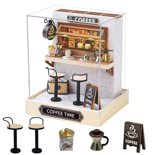Miniatur-Puppenhaus-Kits, DIY-Haus-Set mit Möbeln & Staubschutz & LED-Licht, Holz-Puppenhaus-Kits für Teenager Erwachsene, kreatives Geschenk für Geburtstage, Feiertage und Bastelliebhaber (COFFEE Miniatur-Puppenhaus-Kits, DIY-Haus-Set mit Möbeln & Staubschutz & LED-Licht, Holz-Puppenhaus-Kits für Teenager Erwachsene, kreatives Geschenk für Geburtstage, Feiertage und Bastelliebhaber (COFFEE von CUTE-Eyfud