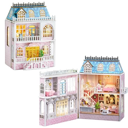 Miniatur-Puppenhaus-Set, Maßstab 1:24, Holzhandwerk, kleines Haus mit LED-Lichtern und realistischen Design-Möbeln, Puppenhaus für Erwachsene und Jugendliche, perfekt für Geschenke oder Dekorationen von CUTE-Eyfud