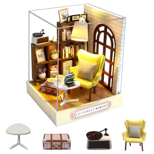 Puppenhaus-Set aus Holz, Miniaturhaus-Set zum Selbermachen, mit LED und Staubschutz, Puppenhaus-Modellbausätze für Dekoration, Erwachsene und Kinder, Urlaubsgeschenk (Freizeit-Moment) von CUTE-Eyfud