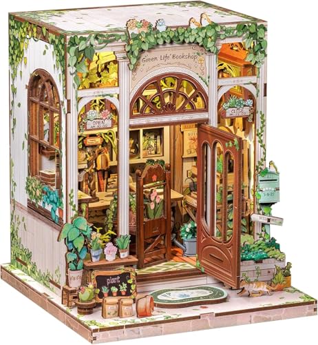 CUTEBEE Book Nook Kit - DIY Holz Miniature House Garten, Miniatur Haus Selber Bauen Bücherregal Dekoration, Einzigartiges Geschenk für Familie und Freunde (Green Life Bookshop) von CUTEBEE