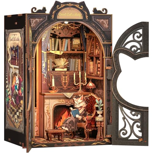 CUTEBEE Book Nook Kit - DIY Puppenhaus, Miniatur Haus Selber Baue Bausatz mit LED-Beleuchtung, Kreativmodell für Erwachsene als Bücherregal-Deko | Geschenkset (Count Cat's Study) von CUTEBEE