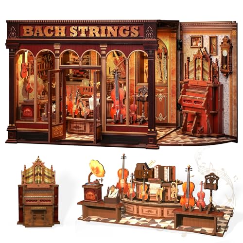 CUTEBEE Book Nook Kit - DIY Puppenhaus Miniature House Musical Room, Holz Elegant & Verschnörkelt Stil Miniatur Haus Selber Bauen, Book Bibliothek Geschenke für Familie und Freunde(Bach Strings) von CUTEBEE
