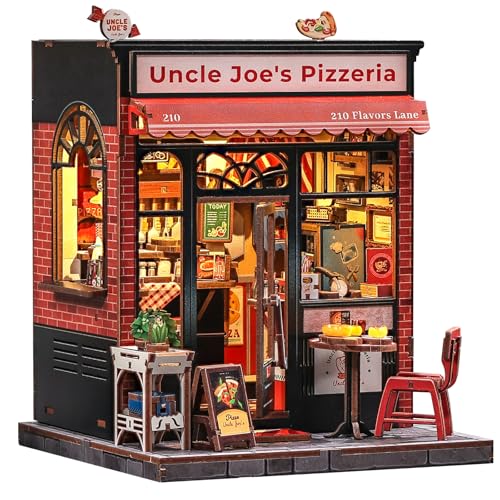 CUTEBEE Book Nook Kit - Holz DIY Miniature House Pizza Fast Food Thema - Miniatur Haus Selber Bauen Bastelset für Erwachsene, Einzigartige Geschenke für Familie und Freunde (Uncle Joe's Pizzeria) von CUTEBEE