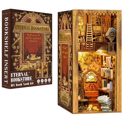 CUTEBEE Book Nook DIY Kit – DIY Puppenhäuser Miniatur Haus Kit mit Möbeln und LED-Licht, 3D Puzzle Buchstützen aus Holz, Modellbausätze für Erwachsene zum Bauen (Eternal Bookstore) von CUTEBEE