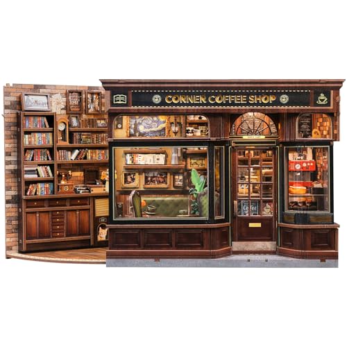 CUTEBEE Book Nook Kit – DIY Miniatur Haus Puppenhaus Modellbau Kit für Erwachsene mit LED-Licht, 3D Puzzle & Buchstütze – Bücherregal Deko & Geschenk (Corner Coffee Shop) von CUTEBEE