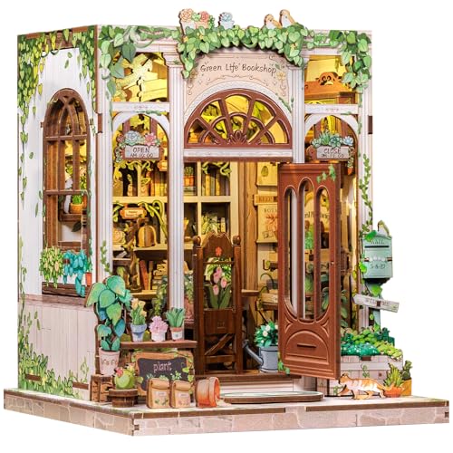 CUTEBEE Book Nook Kit - DIY Miniatur Puppenhaus Bausatz mit LED - 3D Holz Puzzle, Buchstütze Deko | Bastelset für Erwachsene | Kreativset Geschenk (Green Life Bookshop) von CUTEBEE