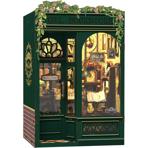 CUTEBEE DIY Book Nook Kit - Miniatur Puppenhaus zum Selberbauen mit LED-Beleuchtung Bücherregal Deko & Kreatives Set für Erwachsene (Owl Bookstore) von CUTEBEE
